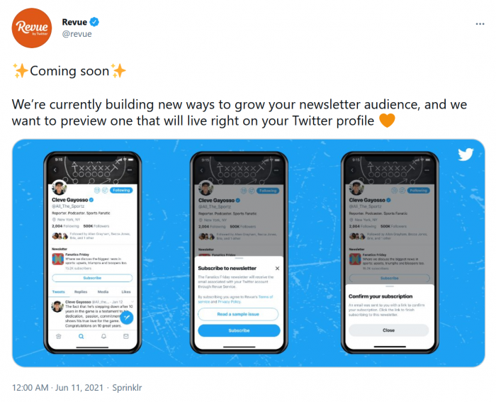 Revue宣布即将在Twitter个人资料中推出简讯注册按钮 第1张