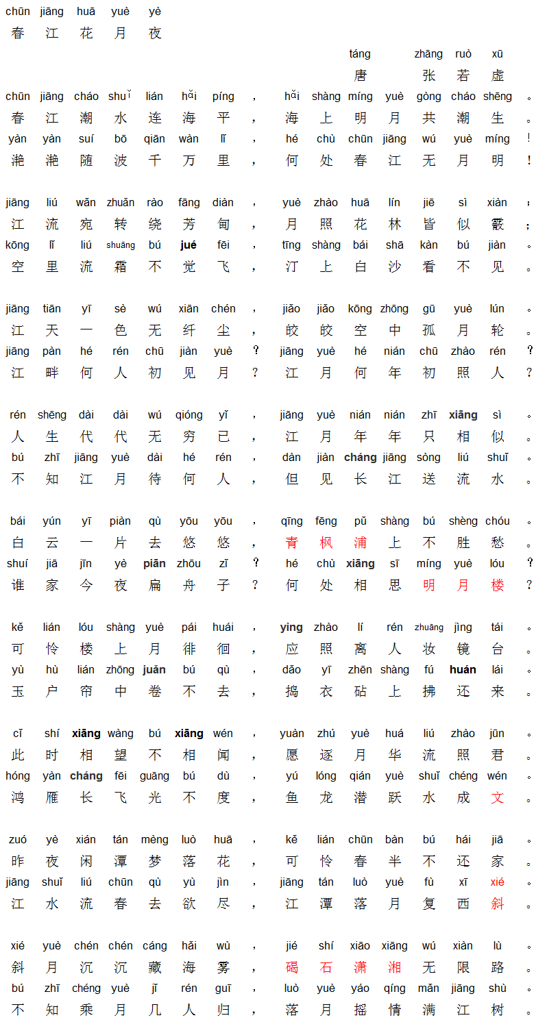 春江花月夜拼音版翻译（春江花月夜诗文内容及注释） 第1张